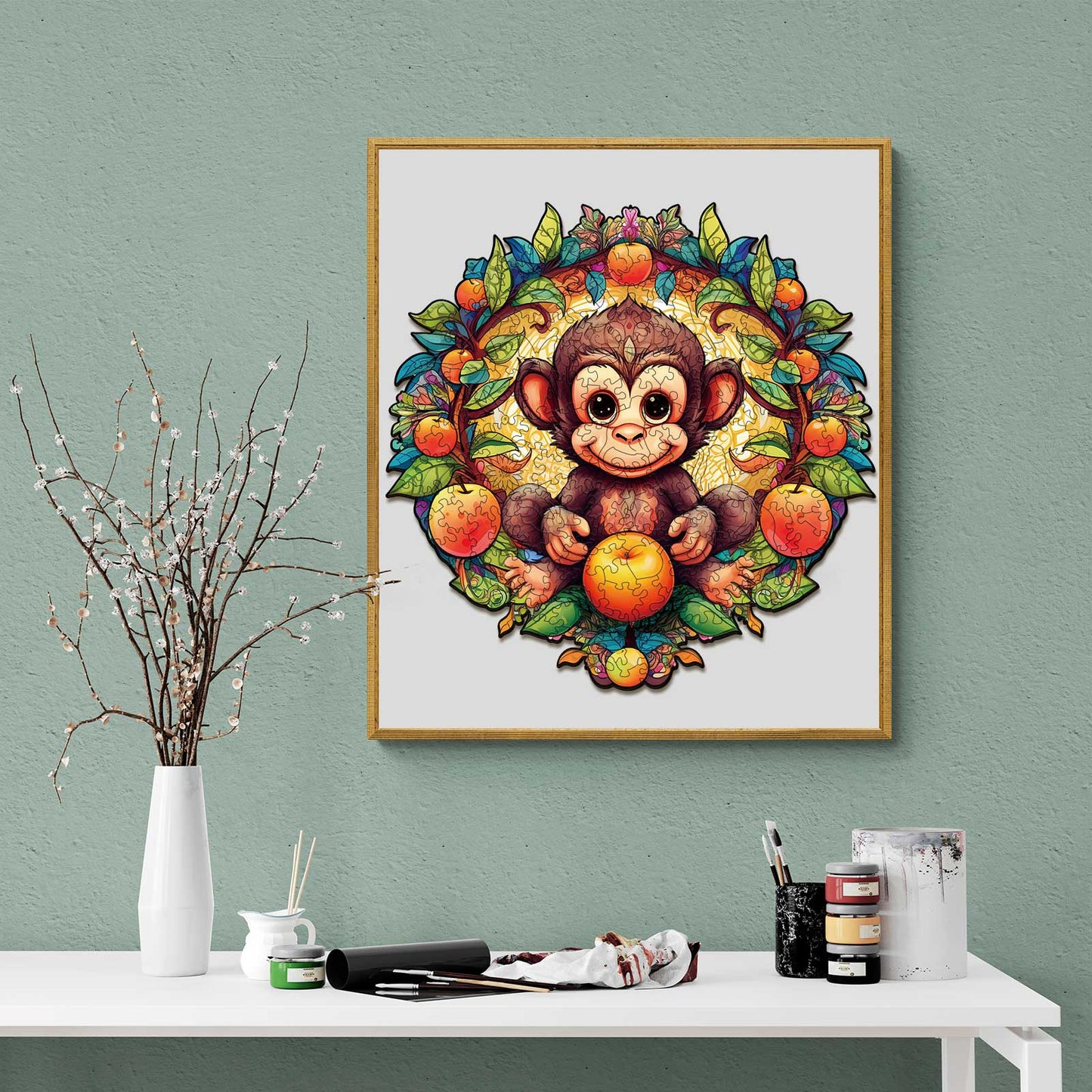 Whimsical Wooden Jigsaw Puzzle-happy monkey