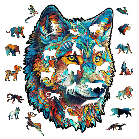 Whimsical Wooden Jigsaw Puzzle-Fearless Wolf