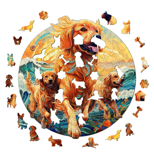 Whimsical Wooden Jigsaw Puzzle- Beach Golden Family