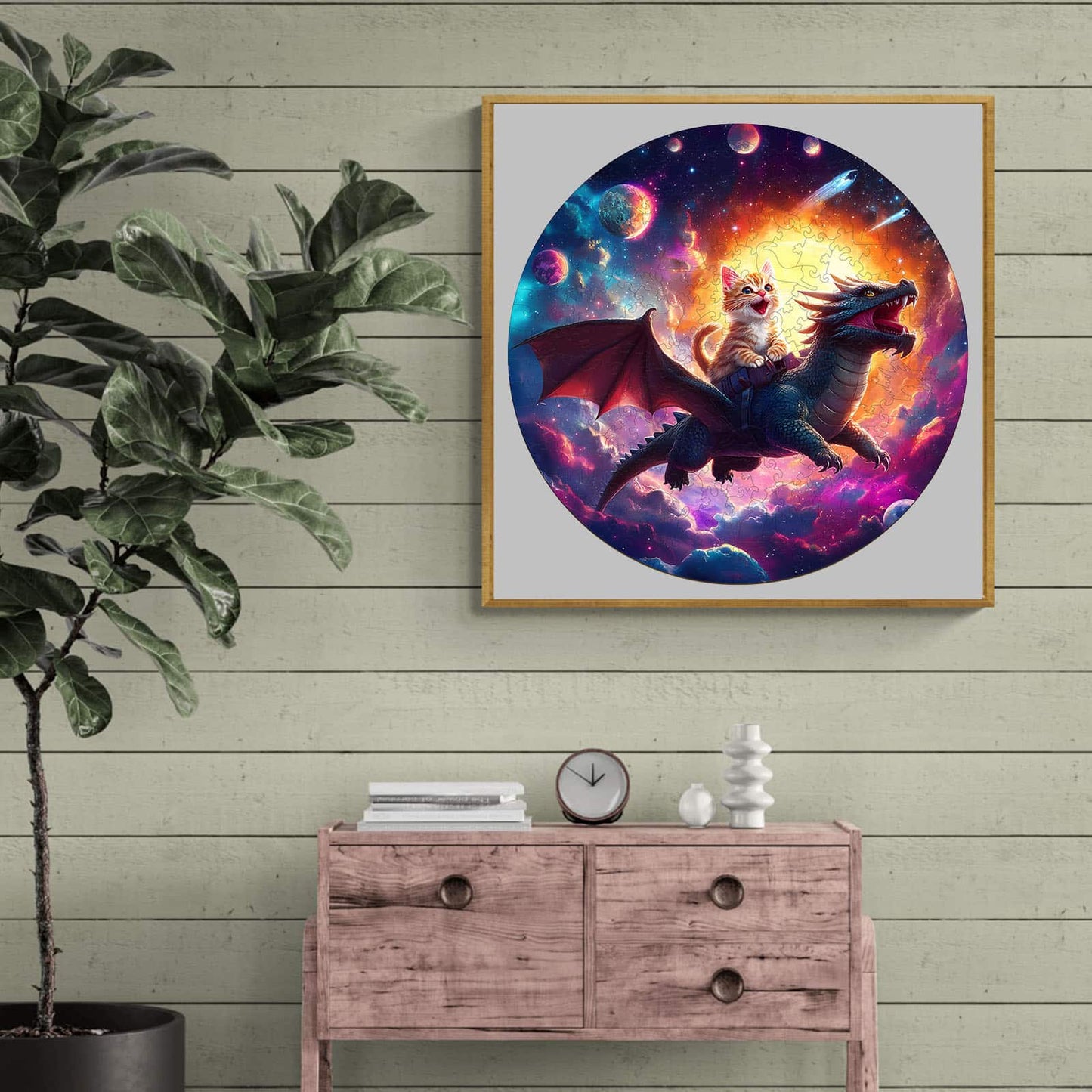 Whimsical Wooden Jigsaw Puzzle - kitten riding dragon - pickApuzzle