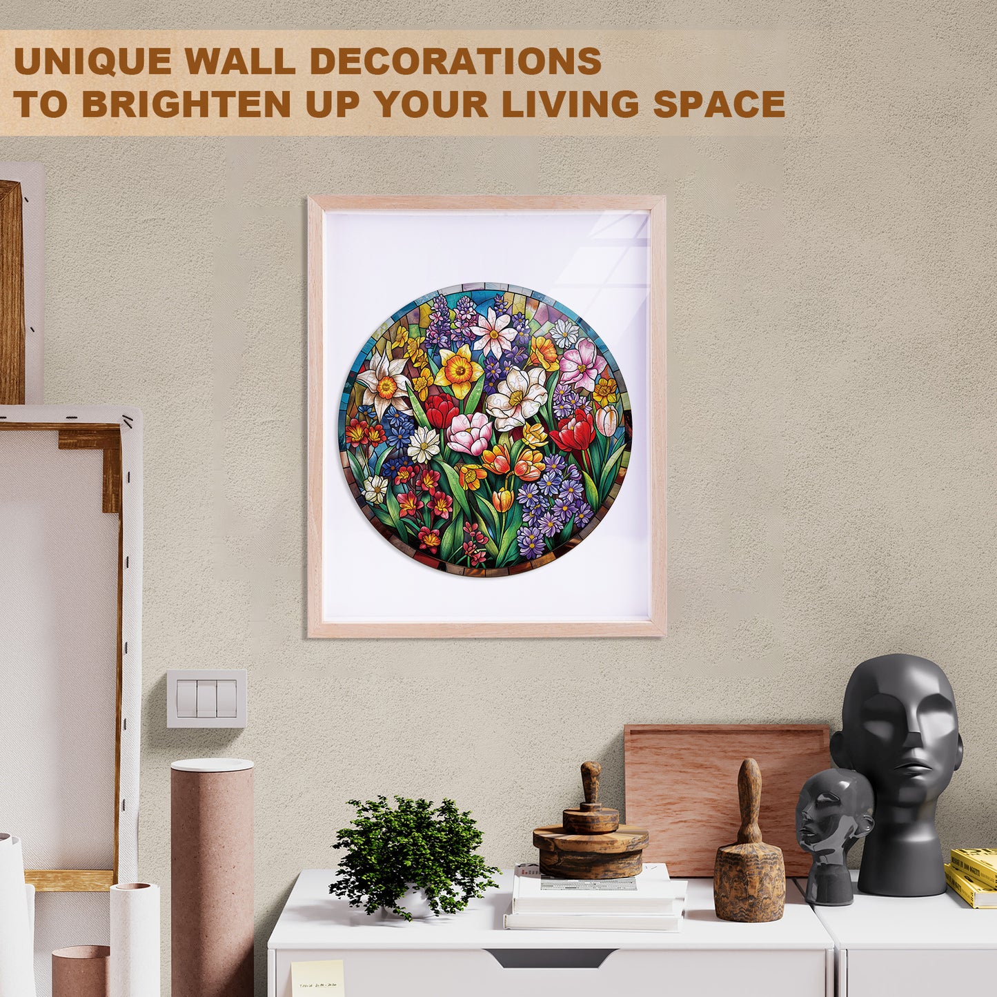 Whimsical Wooden Jigsaw Puzzle - Stained Glass Flowers - pickApuzzle