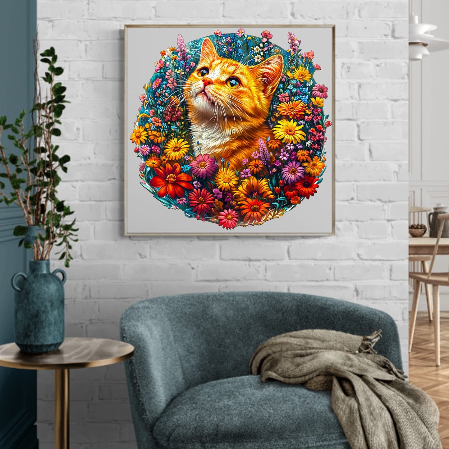 Whimsical Wooden Jigsaw Puzzle - Cat in Flowers - pickApuzzle