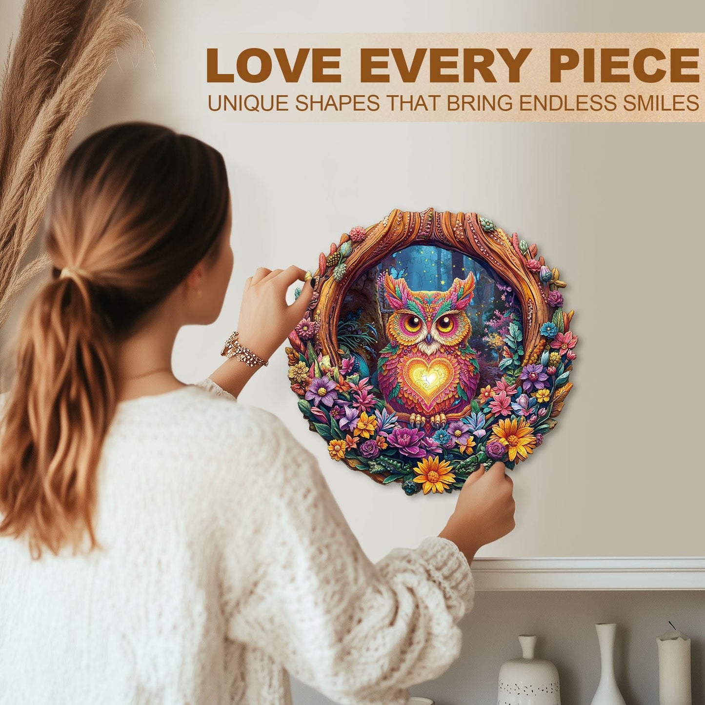 Whimsical Wooden Jigsaw Puzzle - Loving Owl - pickApuzzle