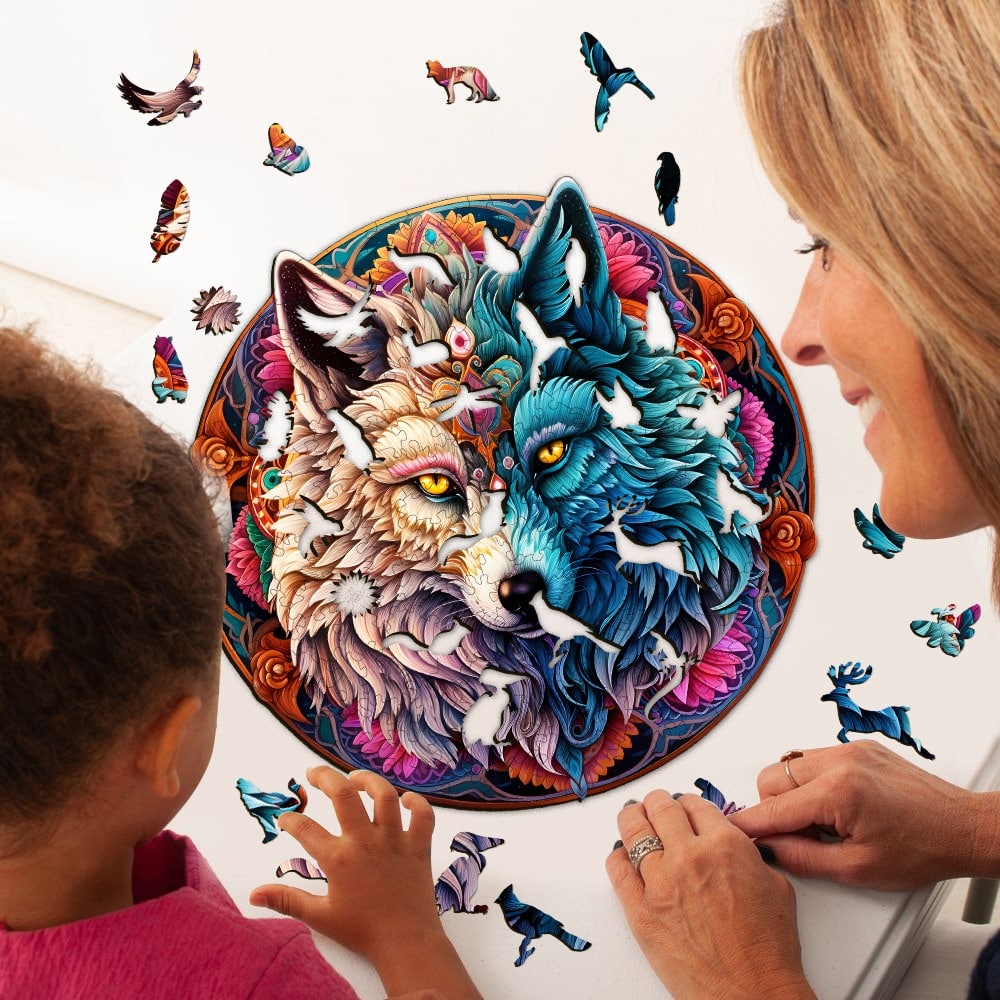 Verspieltes Holzpuzzle-MANDALA YIN YANG WOLF