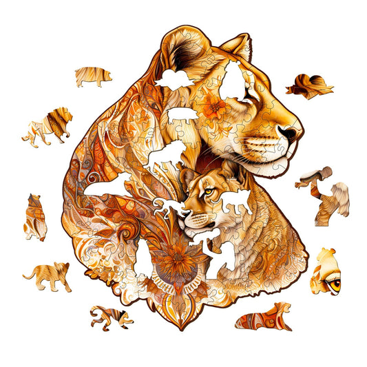 Whimsical Wooden Jigsaw Puzzle-Motherly Lion