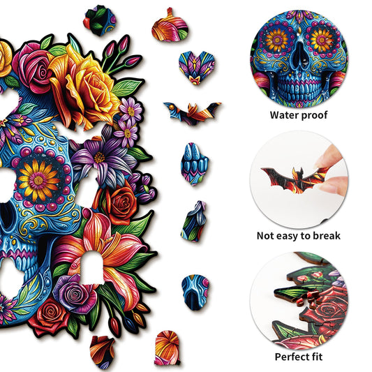 Puzzle en bois captivant - Tête de mort peinte