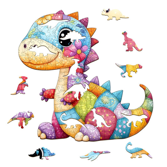Whimsical Wooden Jigsaw Puzzle - Patchwork Dinosaur - pickApuzzle