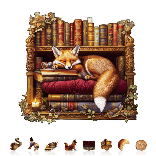 Whimsical Wooden Jigsaw Puzzle - Sleep Library - Fox - pickApuzzle