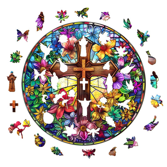 Whimsical Wooden Jigsaw Puzzle - Stained Glass Cross - pickApuzzle