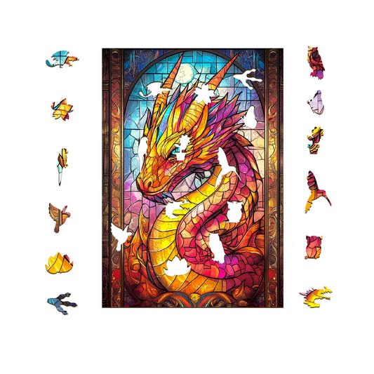 Whimsical Wooden Jigsaw Puzzle-Stained glass dragon
