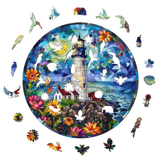 Faszinierendes Holzpuzzle – Leuchtturm im Buntglas-Design 2