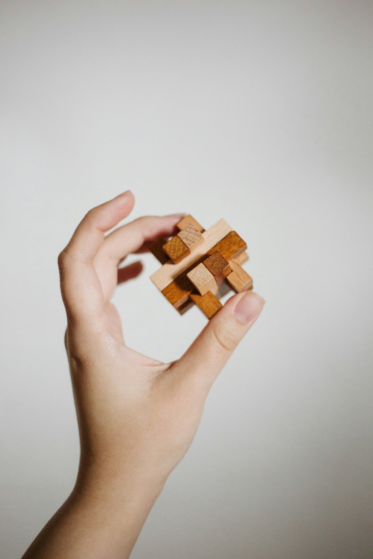 a hand holding a wooden puzzle piece