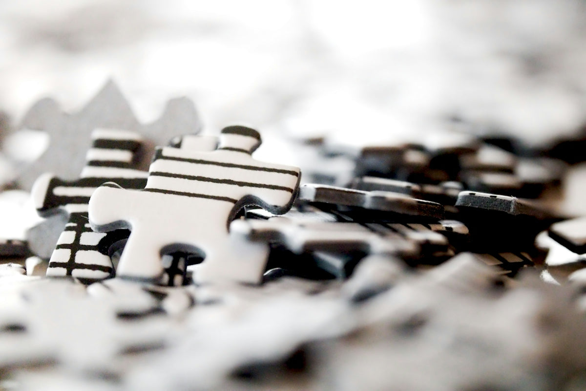 Scattered black and white jigsaw puzzle pieces.