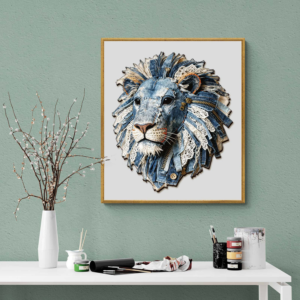 Whimsical Wooden Jigsaw Puzzle-Denim fabric lion