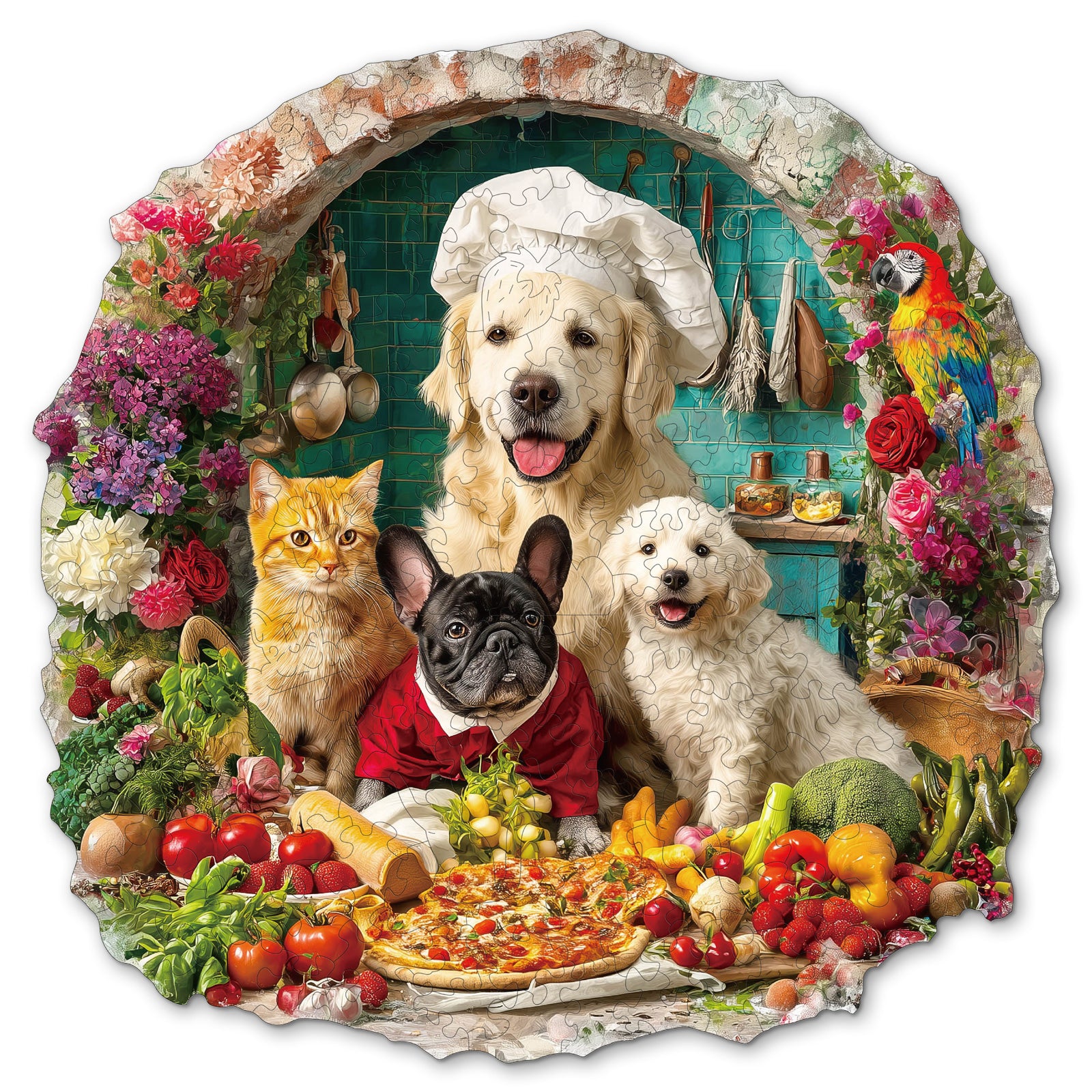 Verspieltes Holzpuzzle – Katze und Hund in der Küche Hauptbild