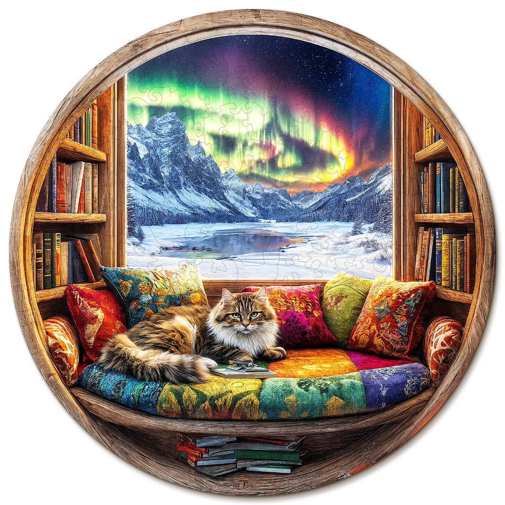 Whimsical Wooden Jigsaw Puzzle-Cat and Bookstore