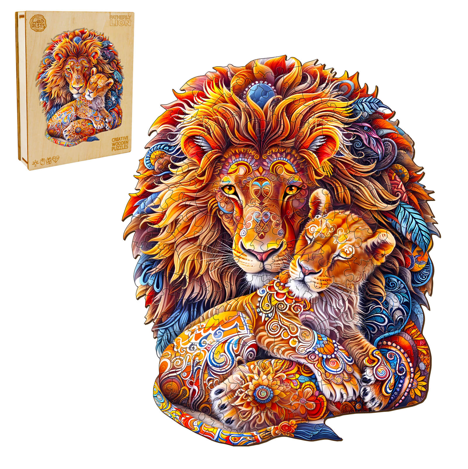 Whimsical Wooden Jigsaw Puzzle-Fatherly Lion