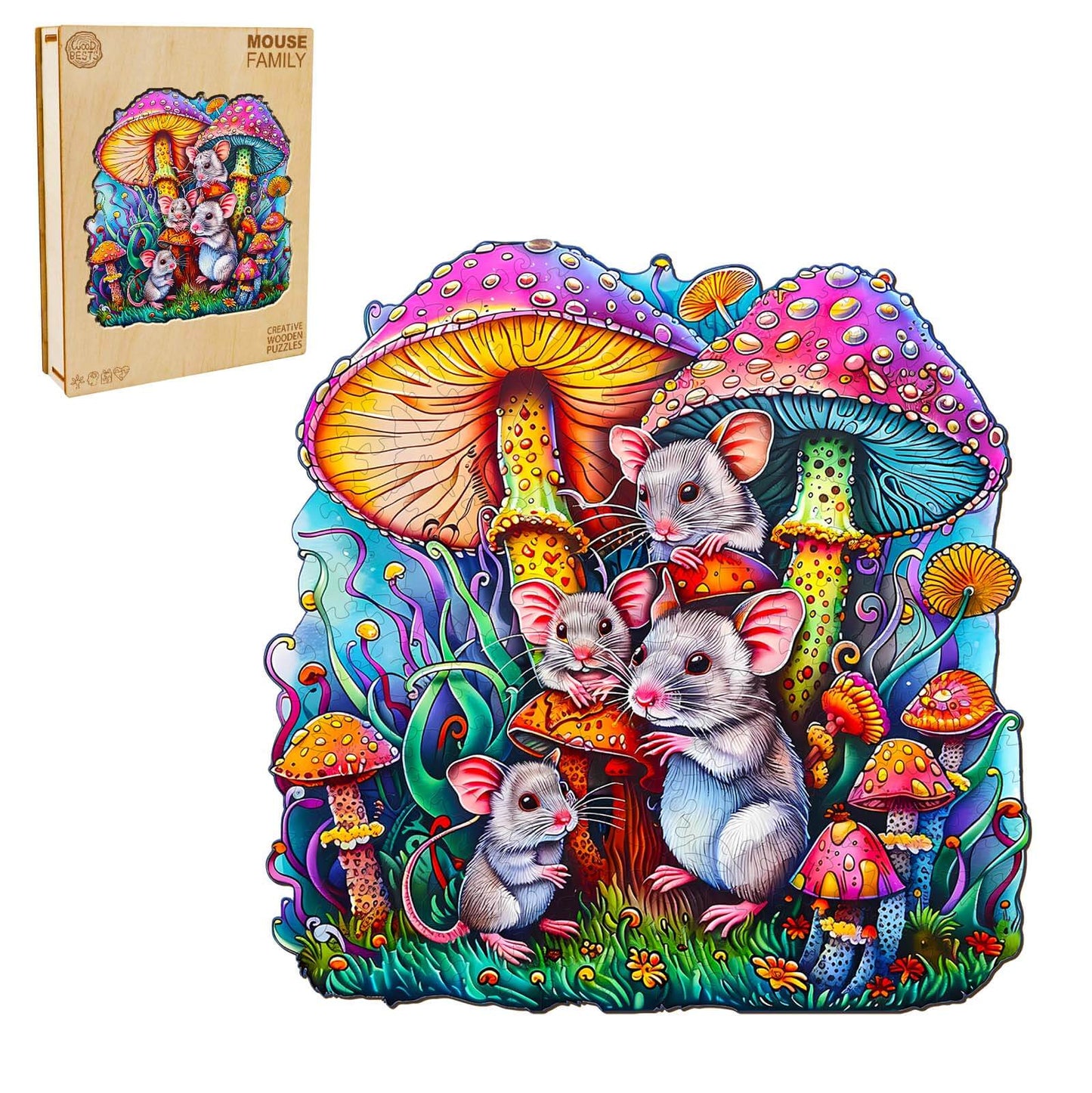 Verspieltes Holzpuzzle – Mausfamilie