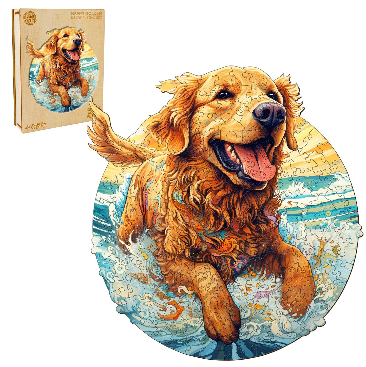 Verschmitztes Holz-Puzzle – fröhlicher Golden Retriever