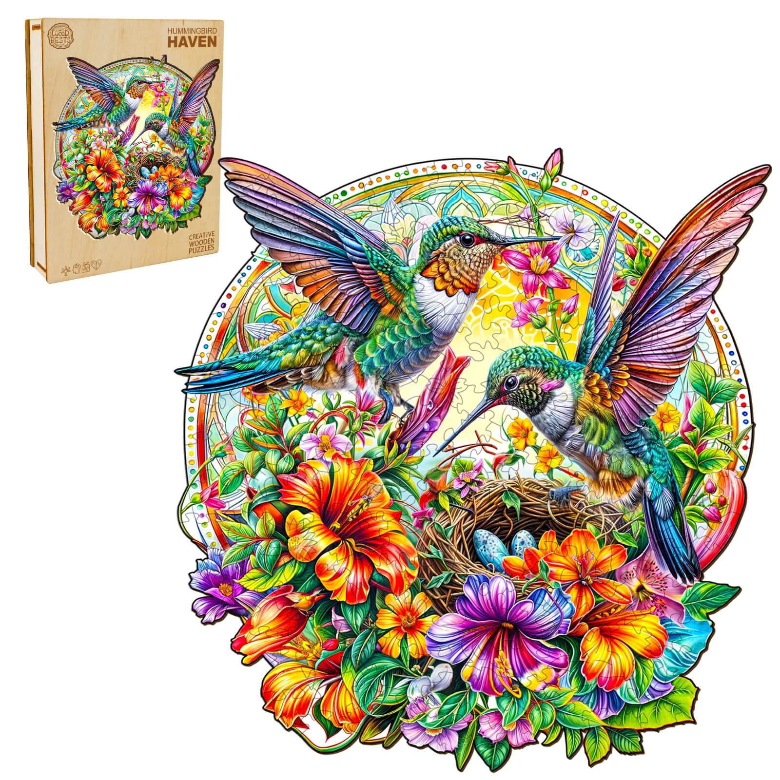 Whimsical Wooden Jigsaw Puzzle- Hummingbird Haven