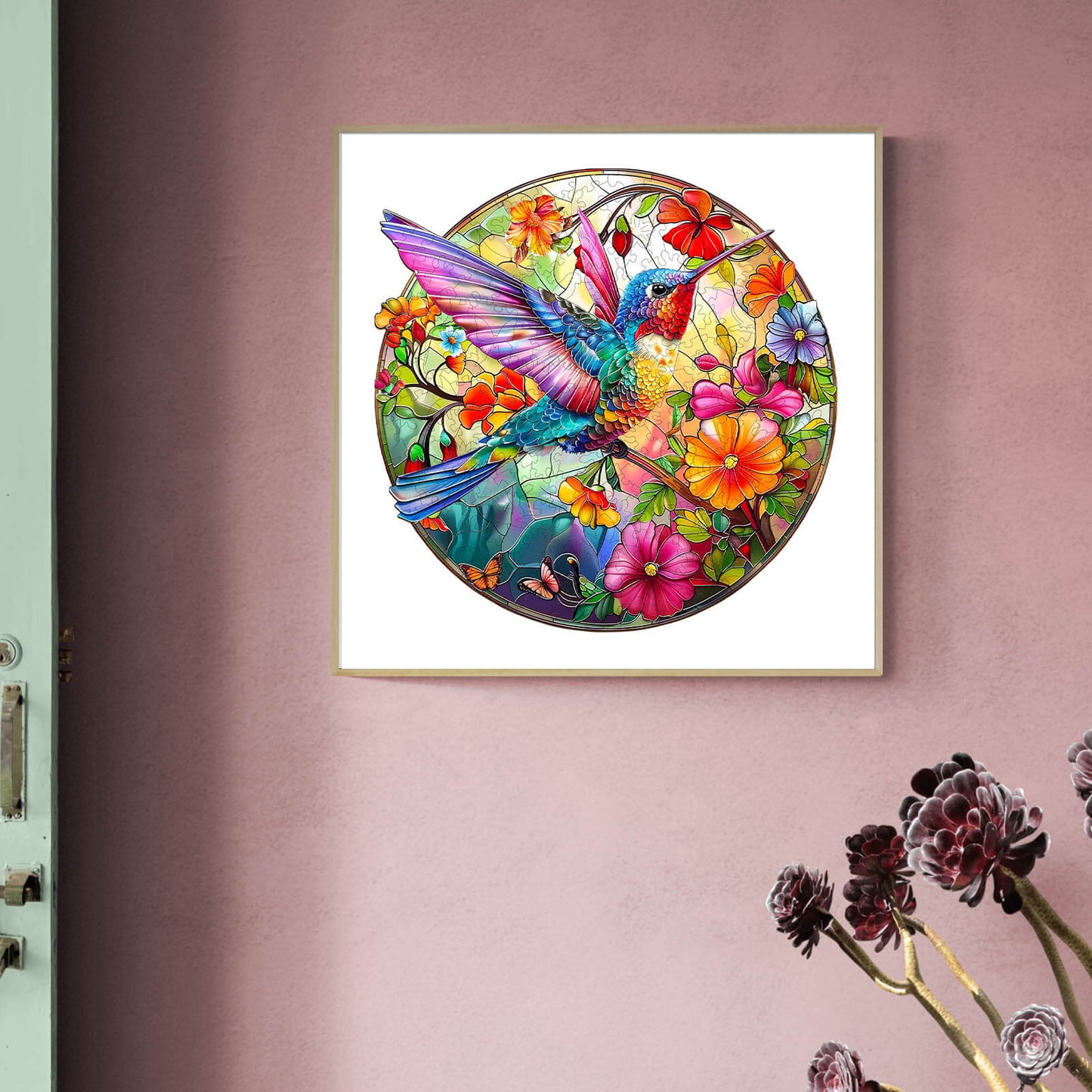 Verspieltes Holzpuzzle – Kolibri aus Buntglas 2