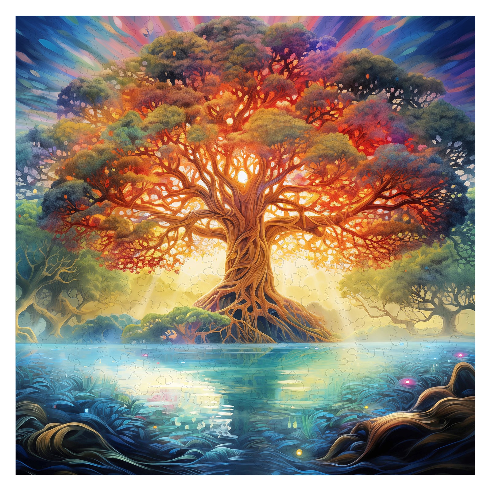 Whimsical Wooden Jigsaw Puzzle-  Twilight Divine Tree Main image