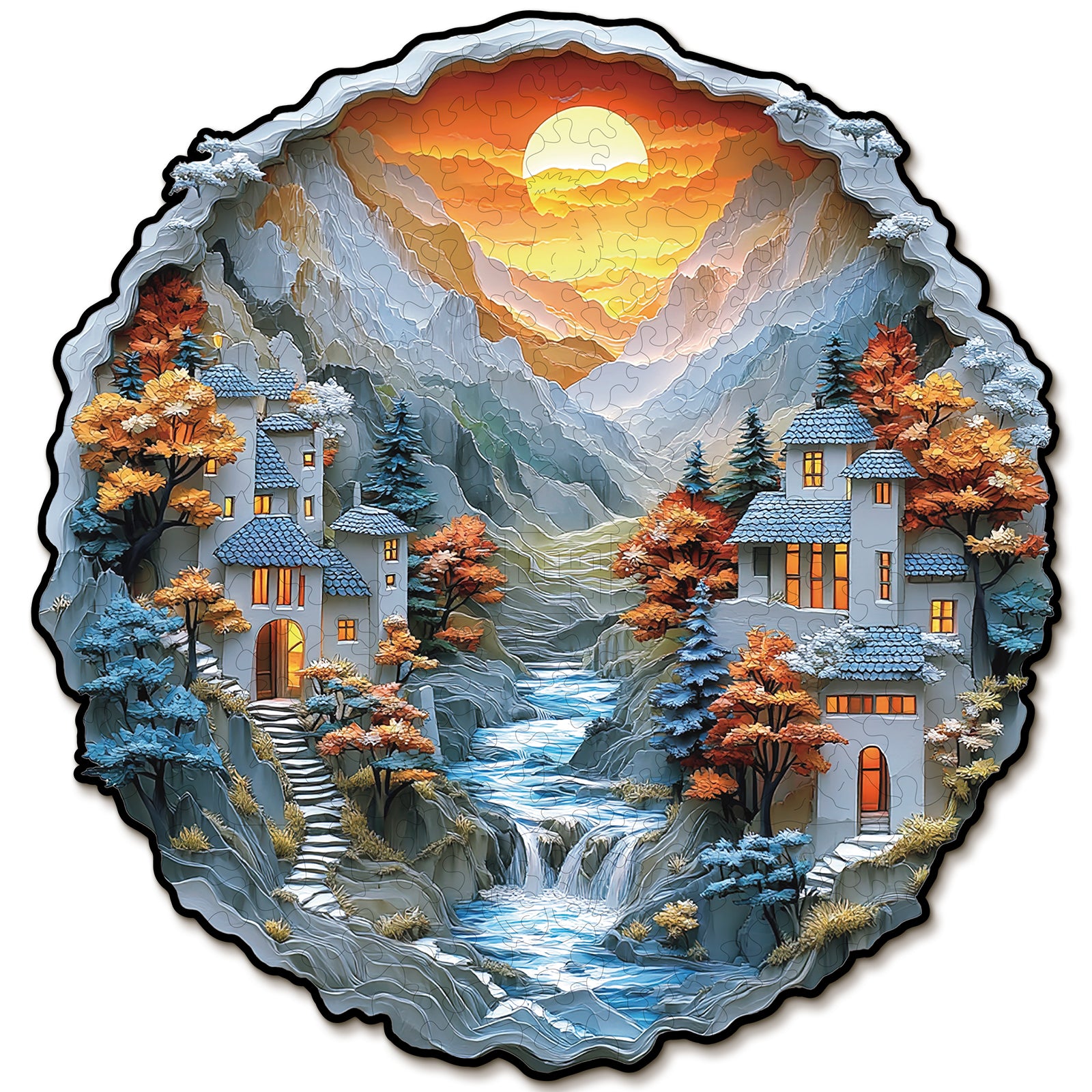 Whimsical Wooden Jigsaw Puzzle- Mountain Stream Cottage Main image