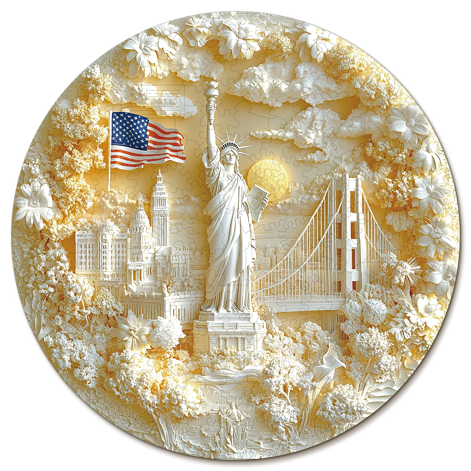 Whimsical Wooden Jigsaw Puzzle-Statue of Liberty and Flag Main image