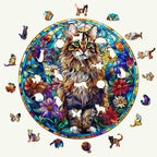 Whimsical Wooden Jigsaw Puzzle- Stained Glass Maine Coon