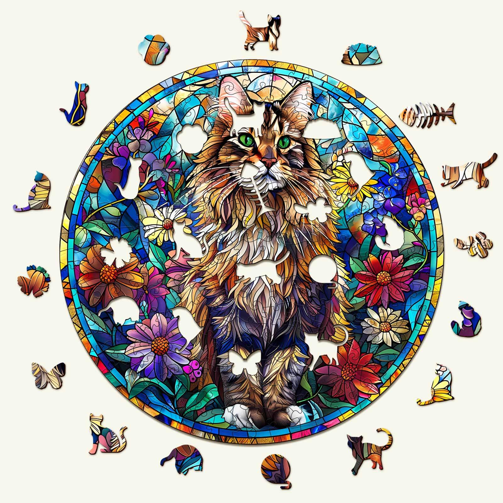 Whimsical Wooden Jigsaw Puzzle- Stained Glass Maine Coon