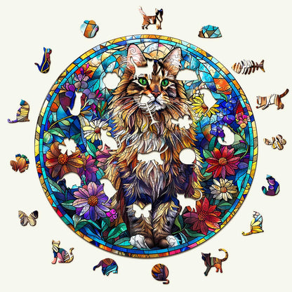 Launisches Holzpuzzle - Buntglas Maine Coon