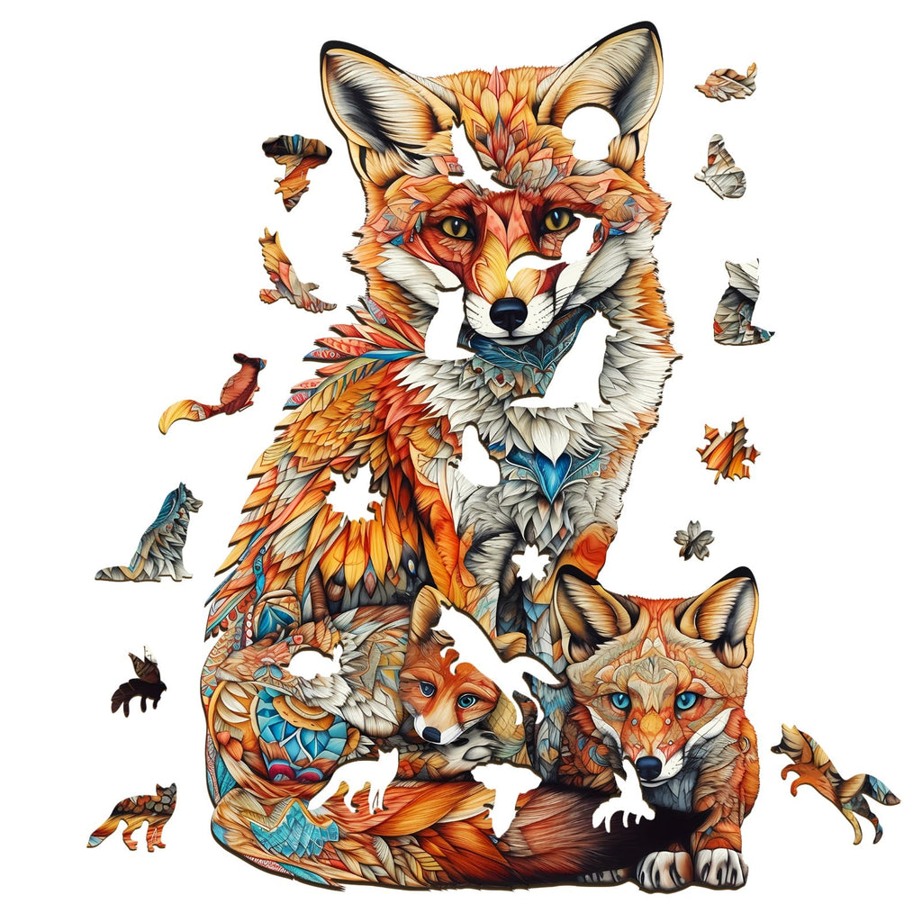 Whimsical Wooden Jigsaw Puzzle - FOX FAMILY - pickApuzzle