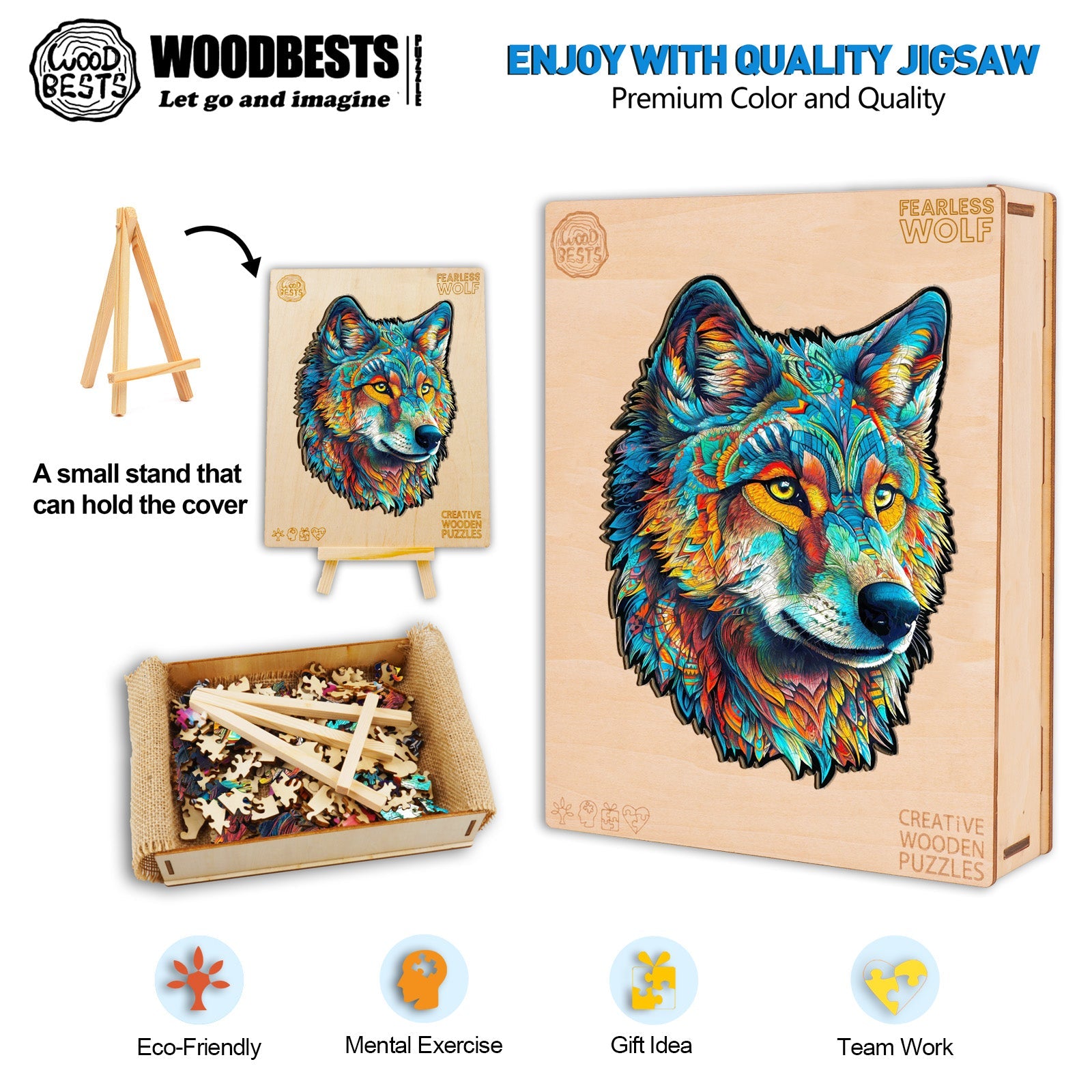 Whimsical Wooden Jigsaw Puzzle-Fearless Wolf