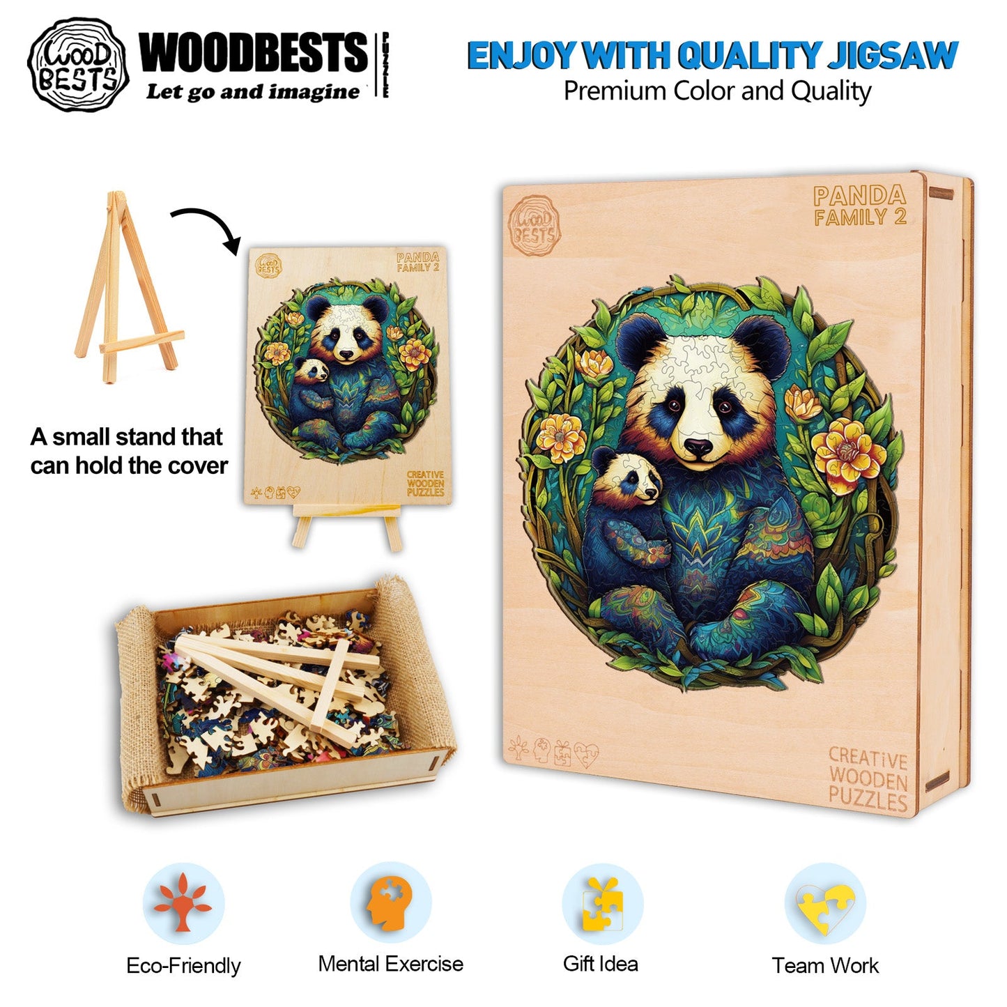 Whimsical Wooden Jigsaw Puzzle-Panda Family 2
