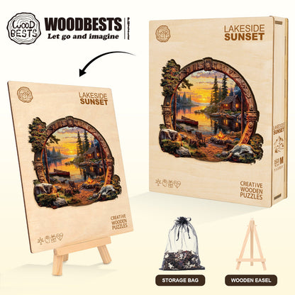 Ausgefallenes Holz-Puzzle – Sonnenuntergang am See