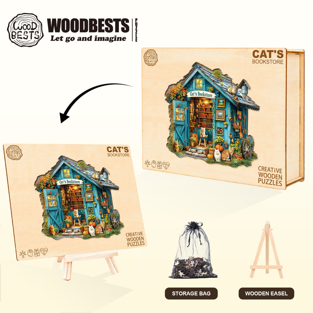 Whimsical Wooden Jigsaw Puzzle- Cat's Bookstore