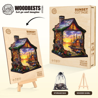 Verträumtes Holzpuzzle – Sonnenuntergang-Häuschen