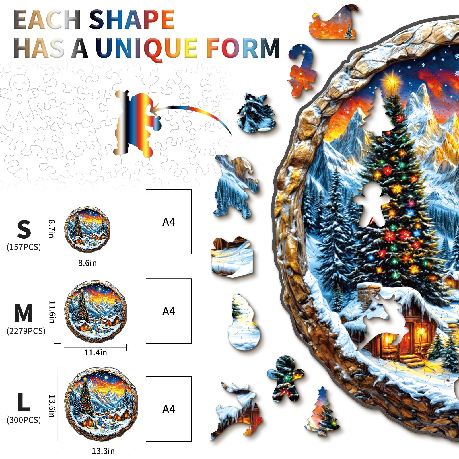 Puzzle en bois fantaisiste - Ville de Noël enneigée