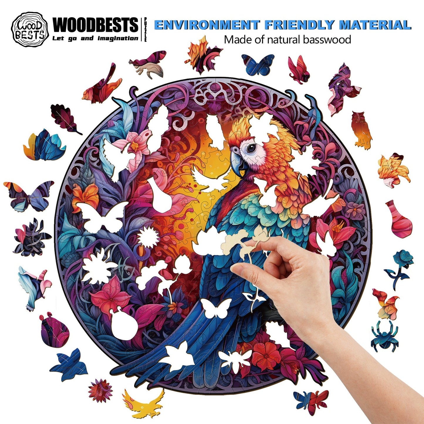 Whimsical Wooden Jigsaw Puzzle-Beautiful parrot