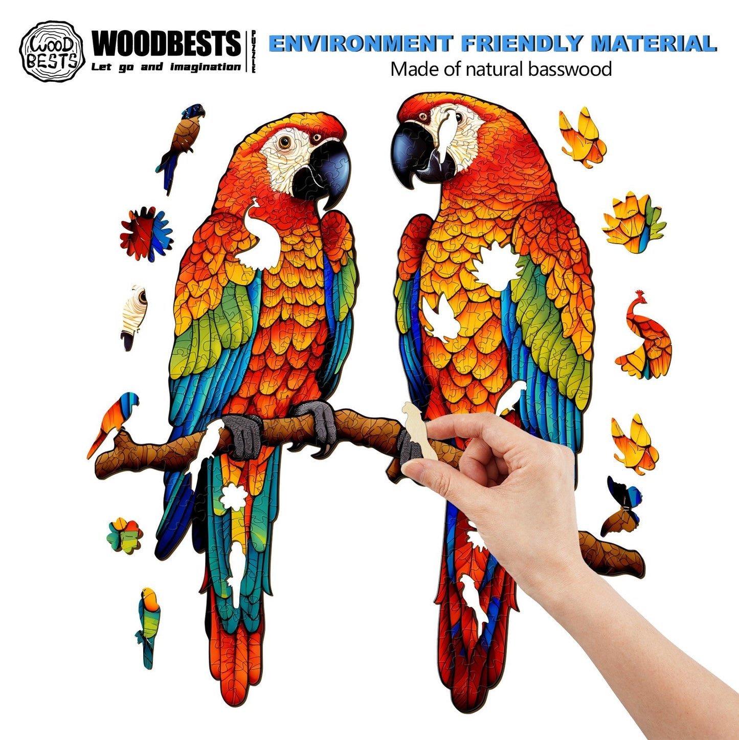Whimsical Wooden Jigsaw Puzzle-Chatting Parrots