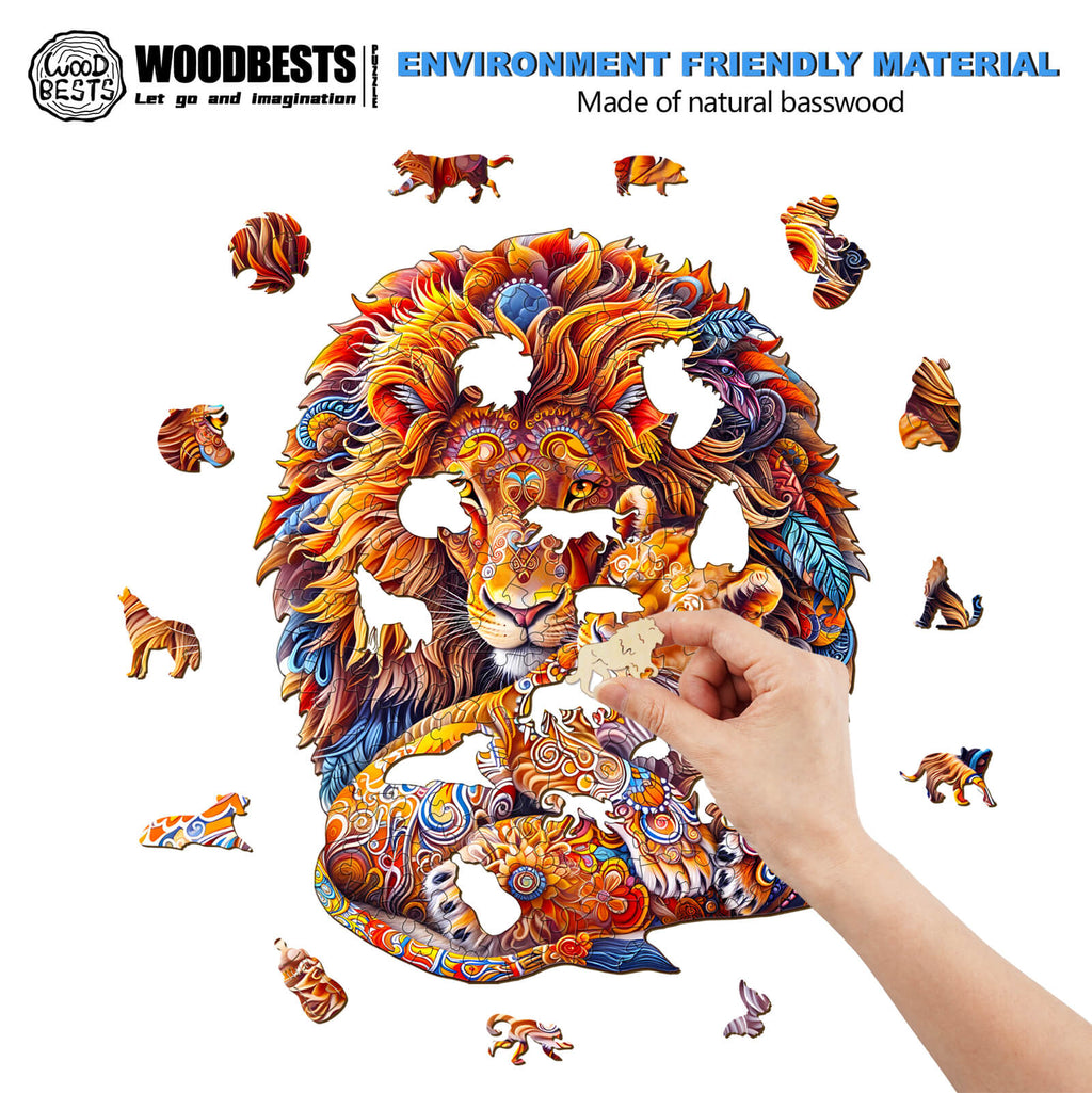Whimsical Wooden Jigsaw Puzzle-Fatherly Lion