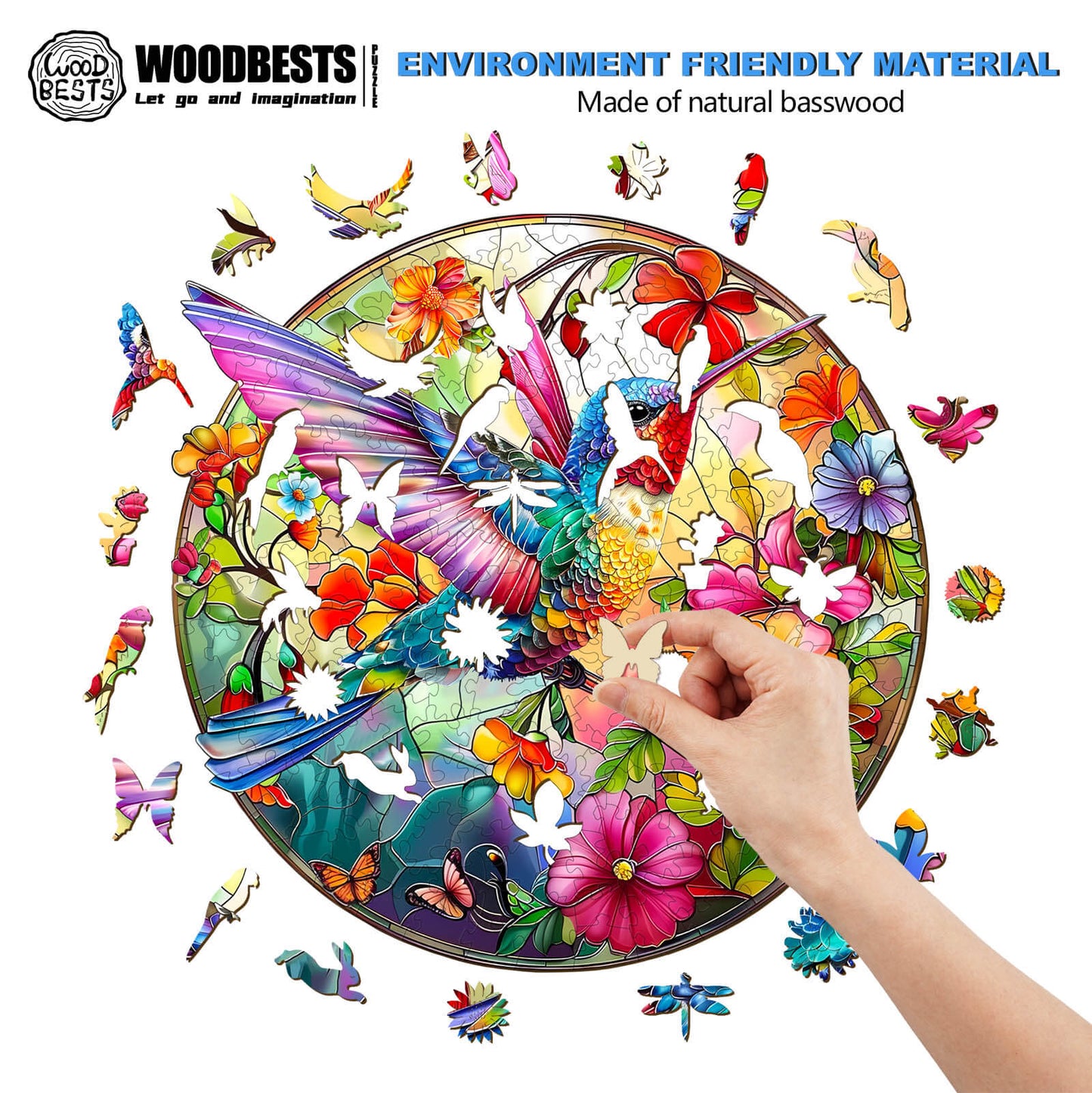 Verspieltes Holzpuzzle – Kolibri aus Buntglas 2