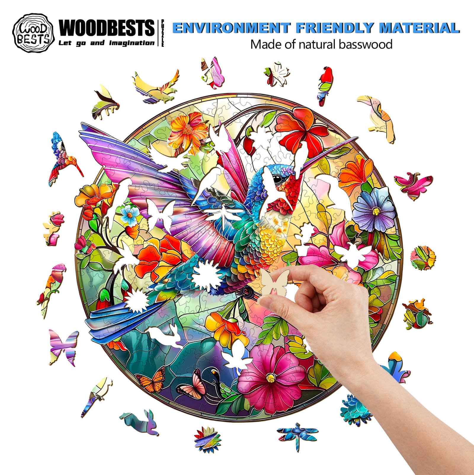 Whimsical Wooden Jigsaw Puzzle- Stained Glass Hummingbird 2