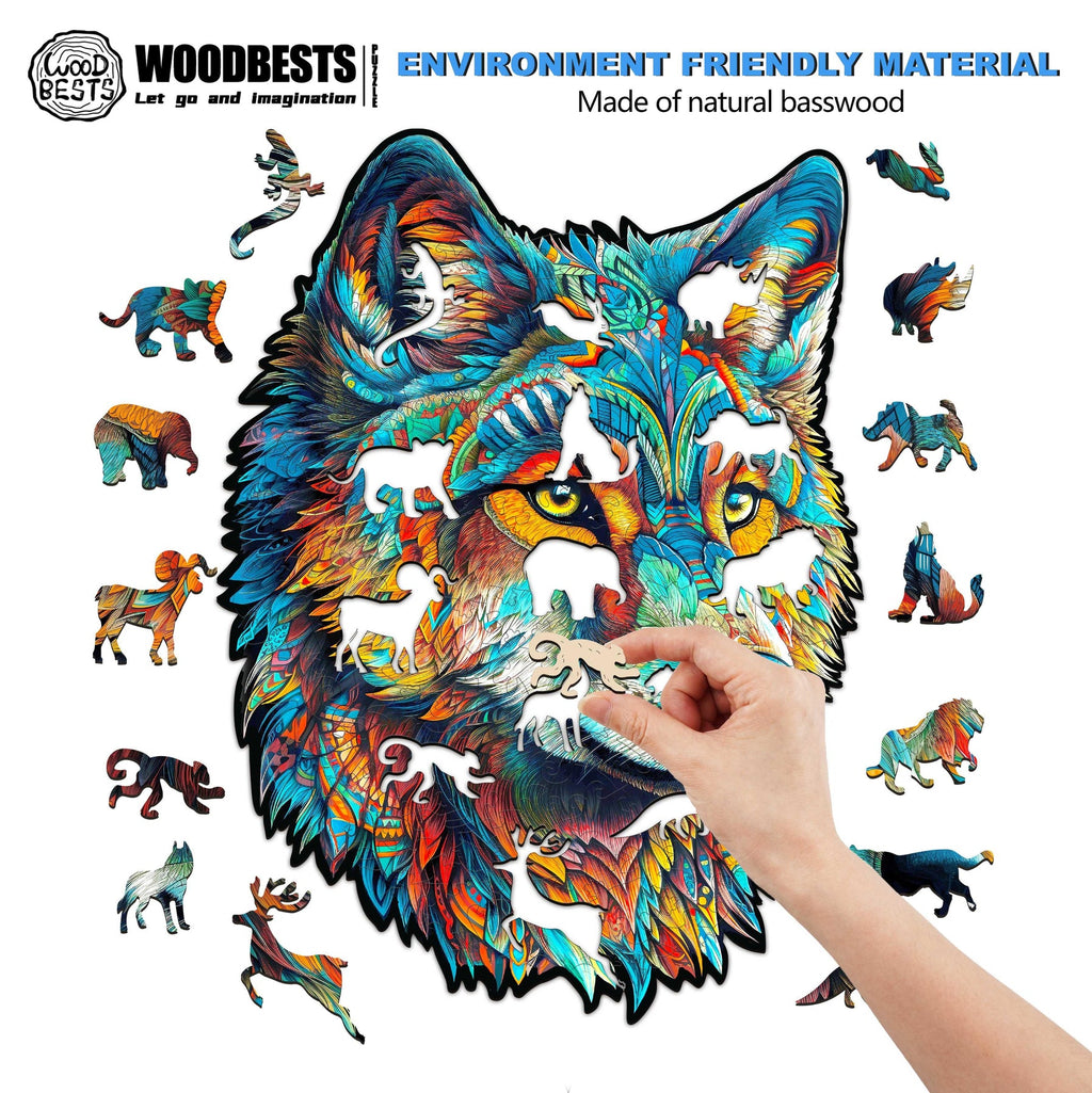 Whimsical Wooden Jigsaw Puzzle-Fearless Wolf
