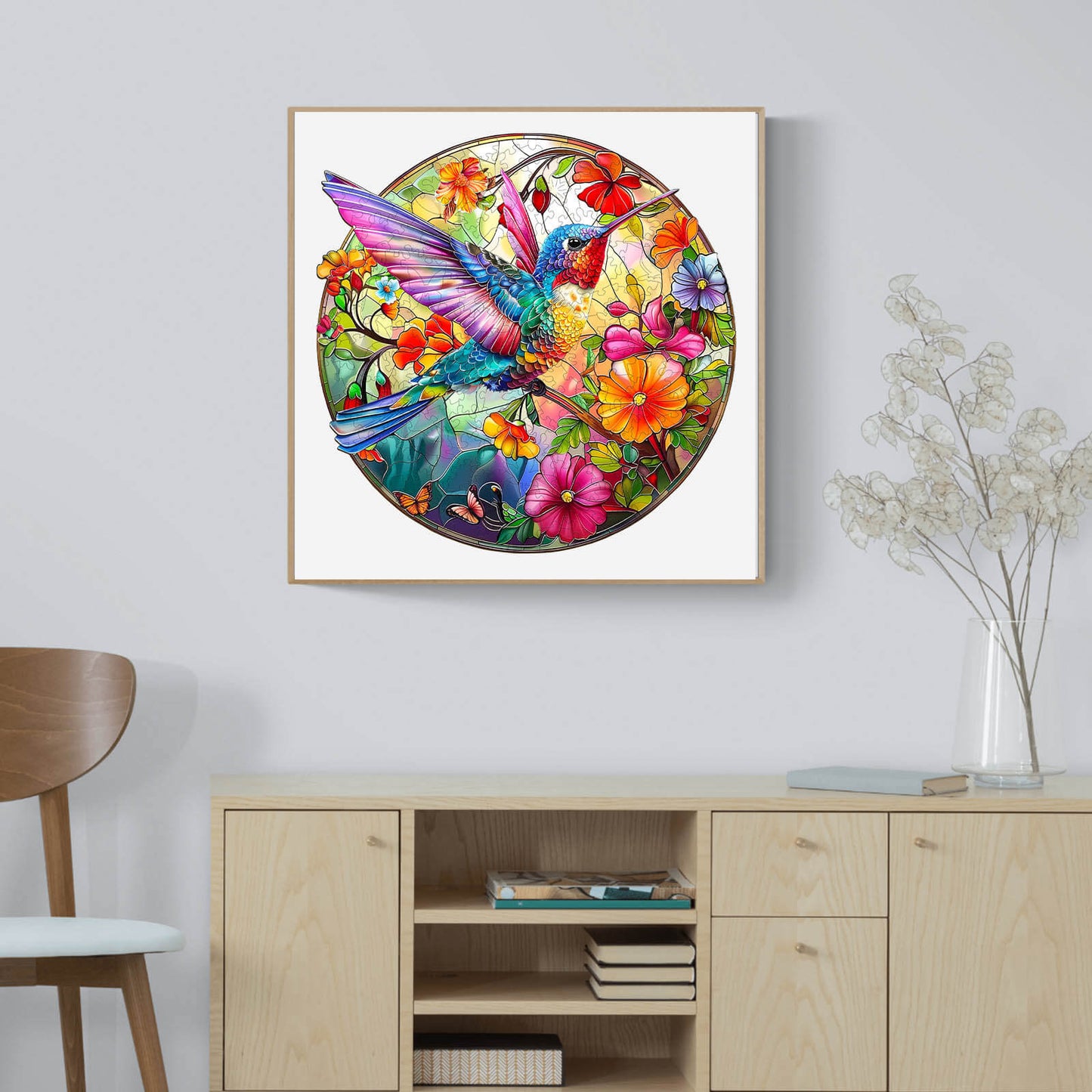 Verspieltes Holzpuzzle – Kolibri aus Buntglas 2