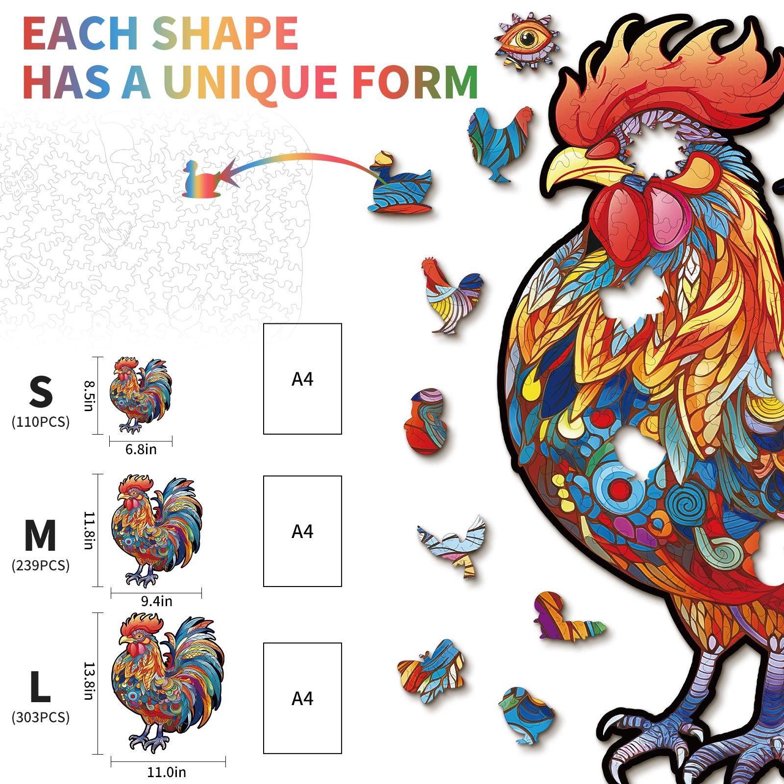 Whimsical Wooden Jigsaw Puzzle- Majestic Cock