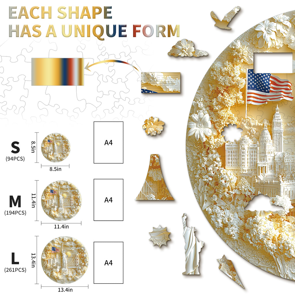 Whimsical Wooden Jigsaw Puzzle-Statue of Liberty and Flag