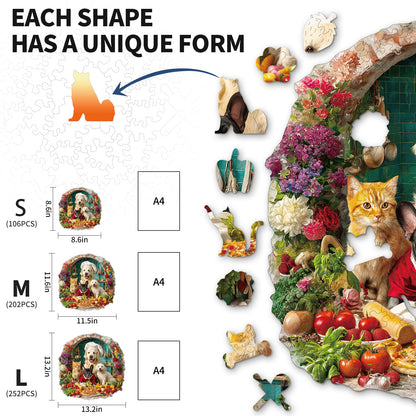 Verspieltes Holzpuzzle – Katze und Hund in der Küche