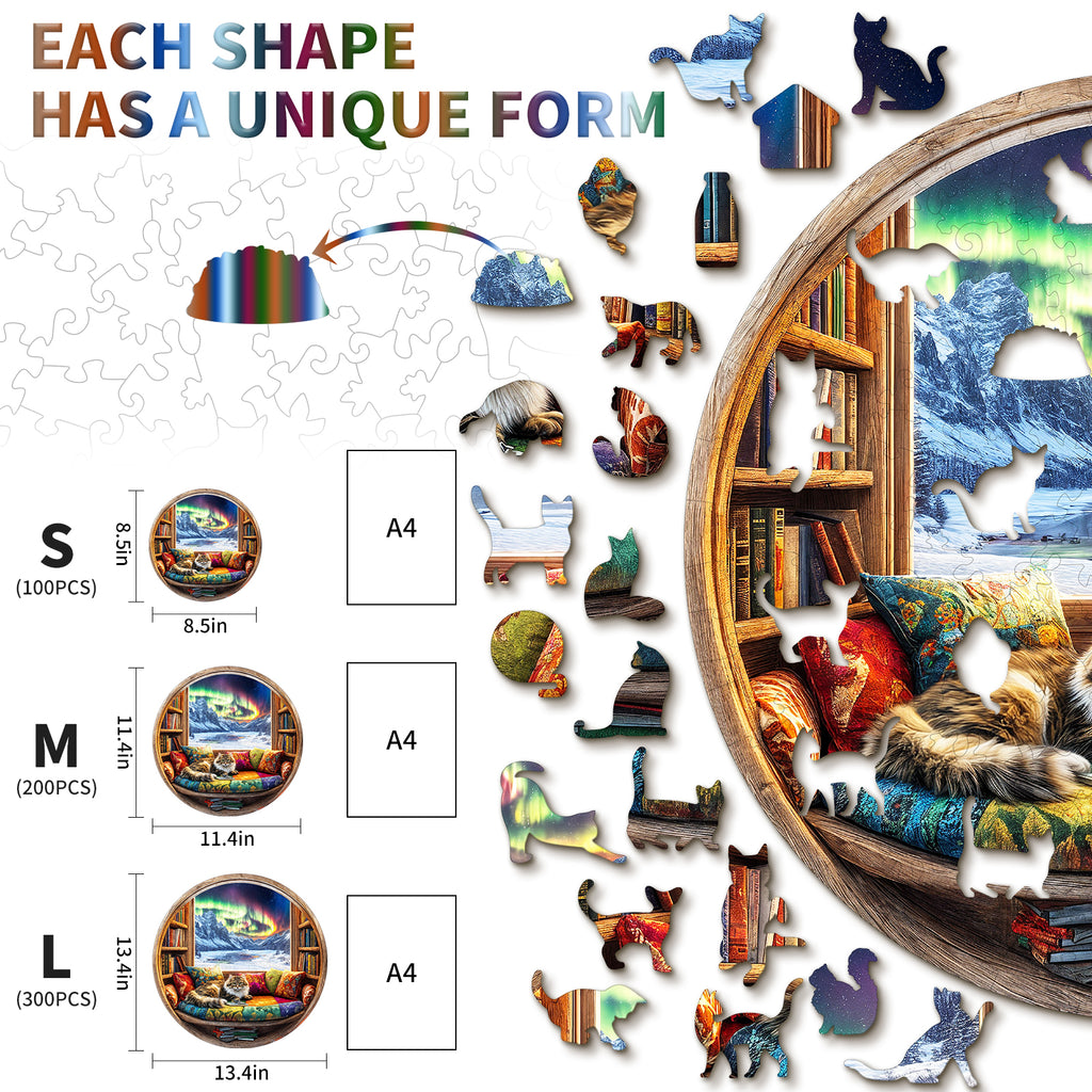 Whimsical Wooden Jigsaw Puzzle-Cat and Bookstore