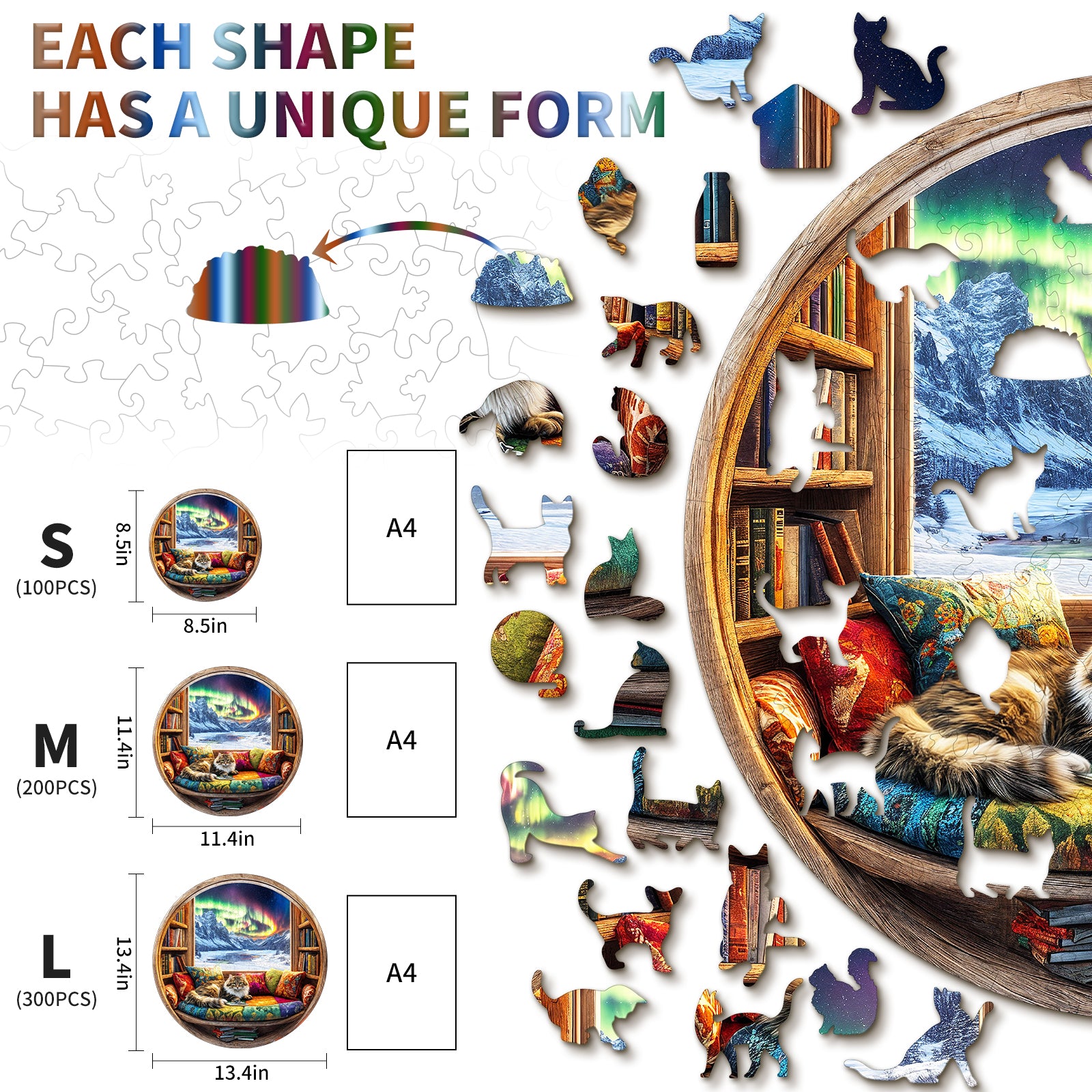 Whimsical Wooden Jigsaw Puzzle-Cat and Bookstore